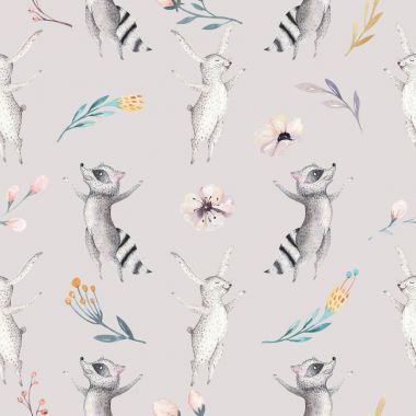 Şirin aile bebek raccon, geyik ve bunny. hayvan kreş zürafa ve izole ayı illüstrasyon. Suluboya boho raccon kreş Dikişsiz desen çizimi. Çocuklar arka plan, kreş yazdırma