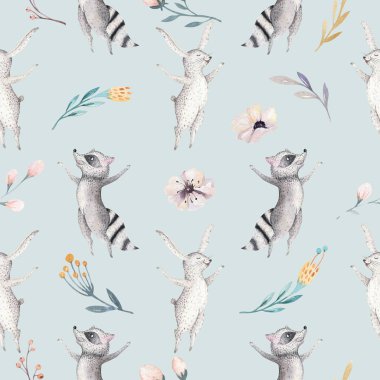 Şirin aile bebek raccon, geyik ve bunny. hayvan kreş zürafa ve izole ayı illüstrasyon. Suluboya boho raccon kreş Dikişsiz desen çizimi. Çocuklar arka plan, kreş yazdırma