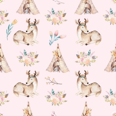 Şirin aile bebek raccon, geyik ve bunny. hayvan kreş zürafa ve izole ayı illüstrasyon. Suluboya boho raccon kreş Dikişsiz desen çizimi. Çocuklar arka plan, kreş yazdırma