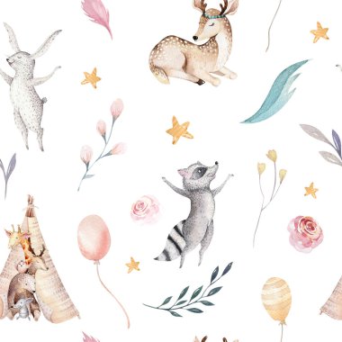 Şirin aile bebek raccon, geyik ve bunny. hayvan kreş zürafa ve izole ayı illüstrasyon. Suluboya boho raccon kreş Dikişsiz desen çizimi. Çocuklar arka plan, kreş yazdırma
