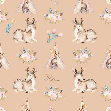 Şirin aile bebek raccon, geyik ve bunny. hayvan kreş zürafa ve izole ayı illüstrasyon. Suluboya boho raccon kreş Dikişsiz desen çizimi. Çocuklar arka plan, kreş yazdırma