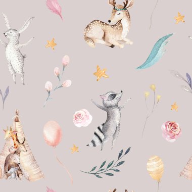 Cute family baby raccon, deer and bunny. animal nursery giraffe, and bear isolated illustration. Watercolor boho raccon drawing nursery seamless pattern. Kids background, nursery print clipart