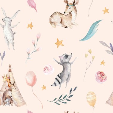 Şirin aile bebek raccon, geyik ve bunny. hayvan kreş zürafa ve izole ayı illüstrasyon. Suluboya boho raccon kreş Dikişsiz desen çizimi. Çocuklar arka plan, kreş yazdırma