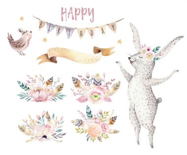 Şirin Bebek zürafa, geyik hayvan kreş fare ve ayı, Rakun ve bunny çocuklar için illüstrasyon izole. Suluboya boho orman karikatür doğum günü patry davetiyesi mükemmel kreş posterler için