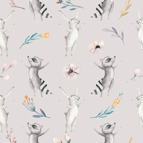 Şirin aile bebek raccon, geyik ve bunny. hayvan kreş zürafa ve izole ayı illüstrasyon. Suluboya boho raccon kreş Dikişsiz desen çizimi. Çocuklar arka plan, kreş yazdırma