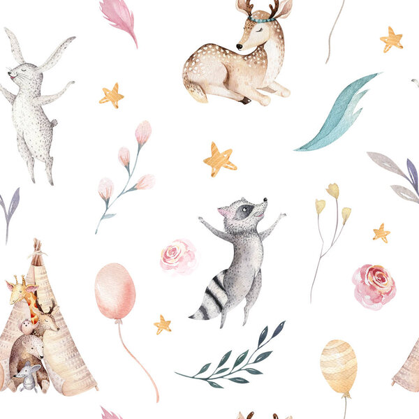 Jolie famille bébé raccon, cerf et lapin. girafe de pépinière d'animaux, et ours illustration isolée. Aquarelle dessin raccon boho pépinière motif sans couture. Enfant fond, imprimé pépinière — Photo