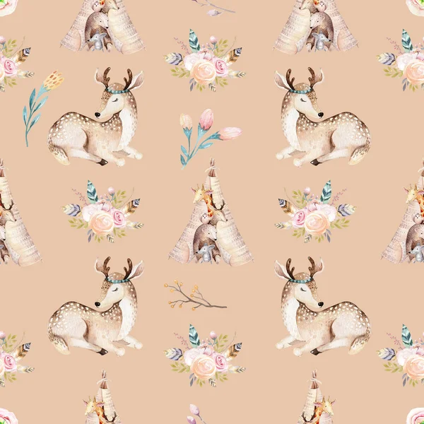 Söt familj baby raccon, rådjur och kaninen. djurens barnkammare giraff, och Björn isolerade illustration. Akvarell boho raccon ritning plantskola sömlösa mönster. Barnen bakgrund, plantskola print — Stockfoto