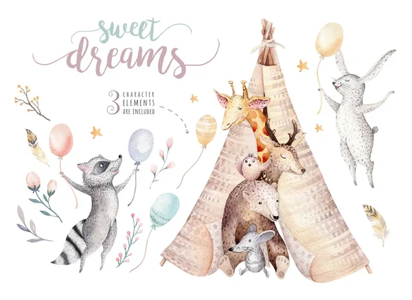 Cute baby giraffe, deer animal nursery mouse and bear, raccoon and bunny isolated illustration for children. Watercolor boho forest cartoon Birthday patry teepee invitation — Stock Photo, Image
