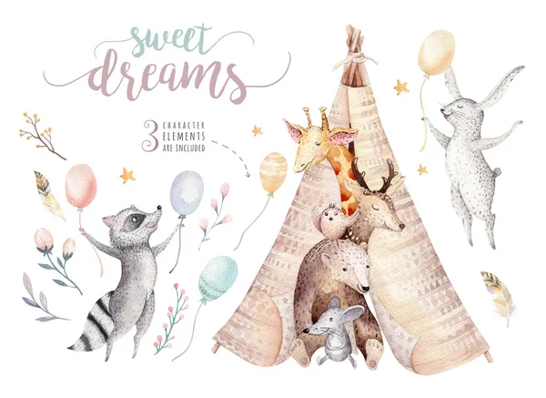 Jolie girafe de bébé, souris de pépinière de cerfs et ours, raton laveur et lapin illustration isolée pour les enfants. Aquarelle boho forêt dessin animé anniversaire patrie tipi invitation — Photo