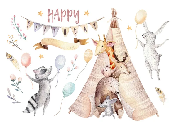 Niedliche Baby-Giraffe, Hirsch Tier Kindermaus und Bär, Waschbär und Hase isolierte Illustration für Kinder. Aquarell Boho Wald Cartoon Geburtstag patry Einladung perfekt für Kinderzimmer Poster — Stockfoto