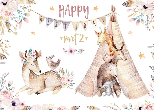 Jolie girafe de bébé, souris pépinière de cerfs et ours illustration isolée pour les enfants. Aquarelle boho forêt dessin animé Anniversaire patry invitation Parfait pour les affiches de pépinière, patrons — Photo