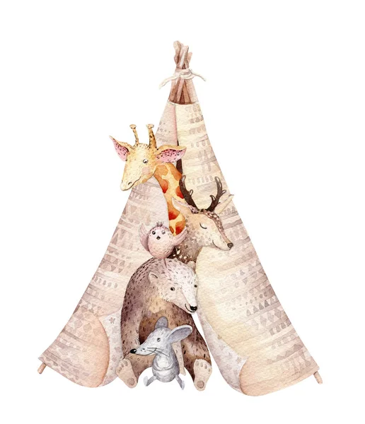 Şirin Bebek teepee zürafa, geyik hayvan kreş fare ve ayı ile çocuklar için illüstrasyon izole. Suluboya boho orman karikatür doğum günü patry davetiyesi için kreş posterler, desenleri
