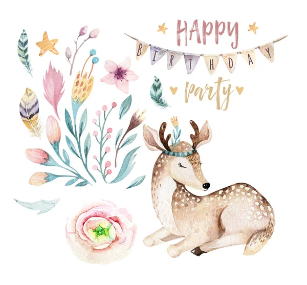 Cute baby giraffe, deer animal nursery mouse and bear isolated illustration for children. Watercolor boho forest cartoon Birthday patry invitation Perfect for nursery posters, patterns — Stock Photo, Image