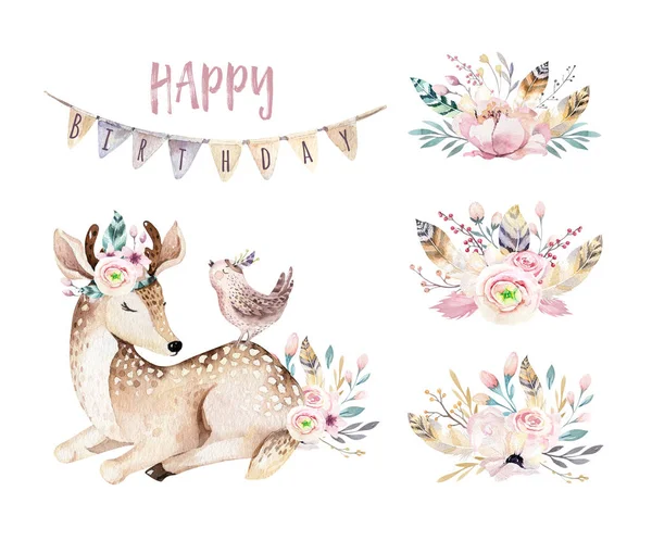 Bonito bebê cervo animal berçário ilustração isolada para crianças. Floresta boho aquarela desenho animado Convite de aniversário patry Perfeito para cartazes de berçário, padrões — Fotografia de Stock