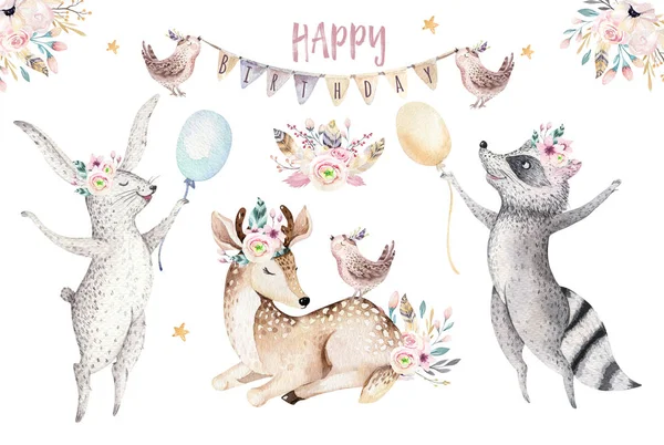 Niedliche Baby-Giraffe, Hirsch Tier Kindermaus und Bär isolierte Illustration für Kinder. Aquarell Boho Wald Cartoon Geburtstag patry Einladung perfekt für Kinderzimmer Poster, Muster — Stockfoto