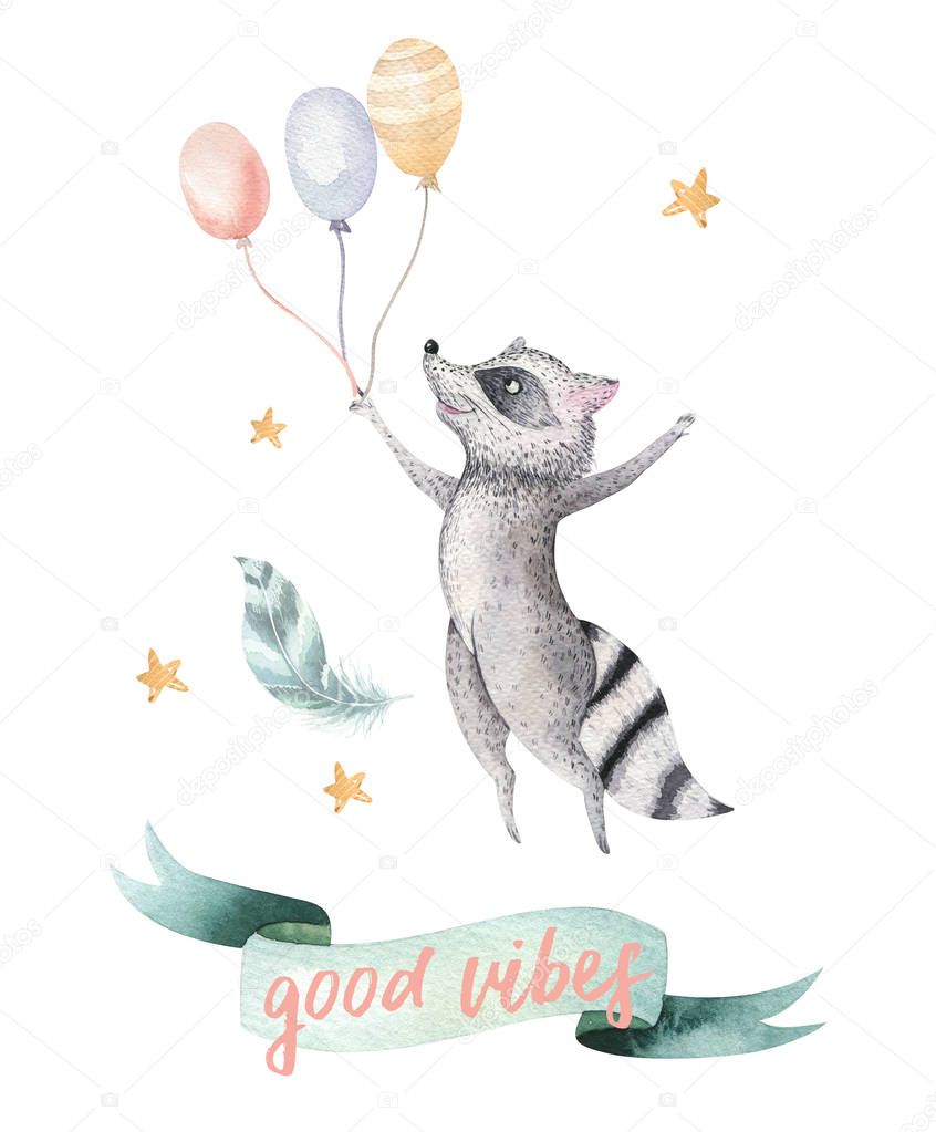 Cute jumping raccoon on balloons