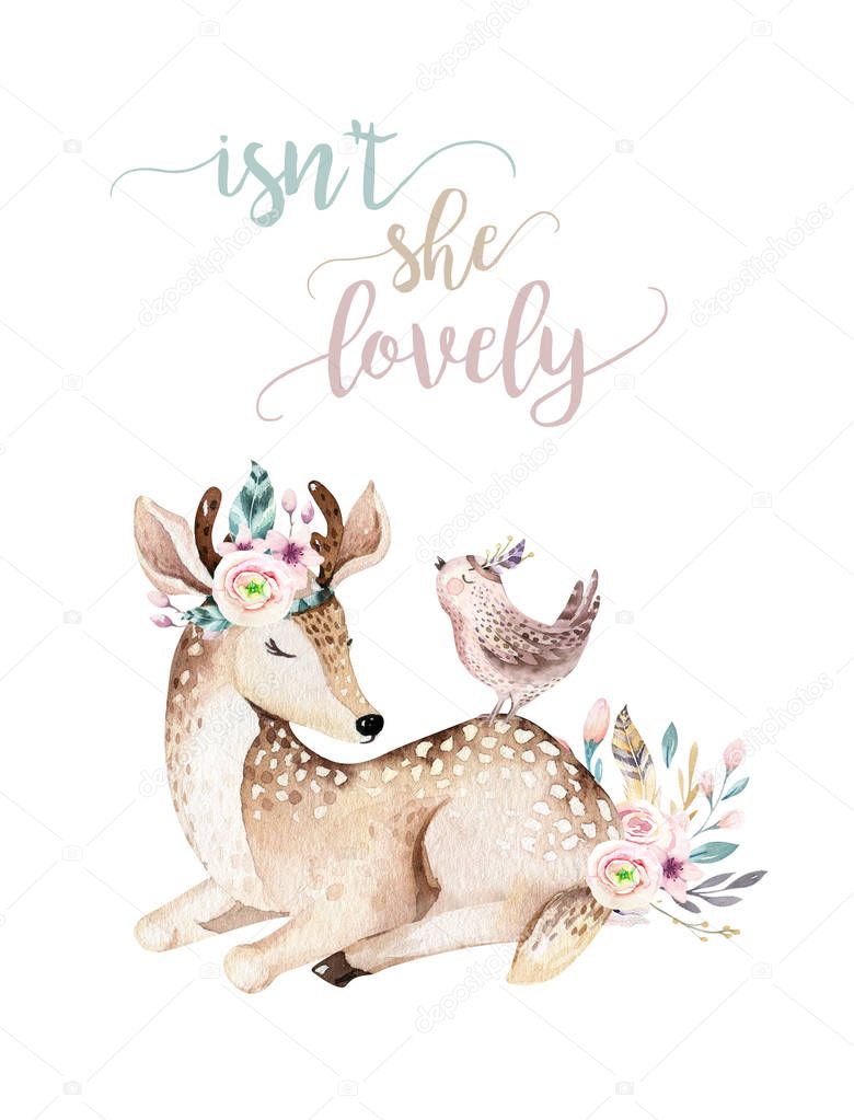 Cute baby deer animal nursery isolated illustration for children. Watercolor boho forest cartoon Birthday patry invitation Perfect for nursery posters, patterns