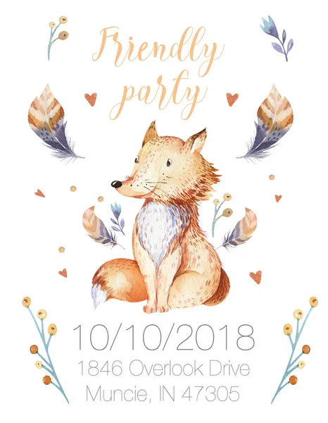 Cute bohemian baby cartoon fox animal for kindergarten, woodland nursery isolated decoration forest illustration for children forest animals pattern. Watercolor hand drawn boho poster set