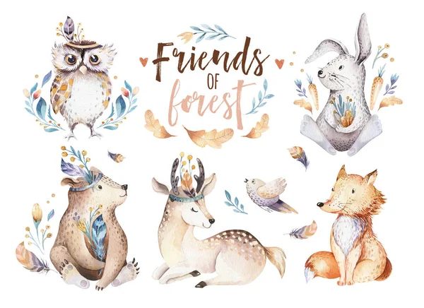 Cute Watercolor Bohemian Forest Animals Kindergarten — Stock Photo, Image