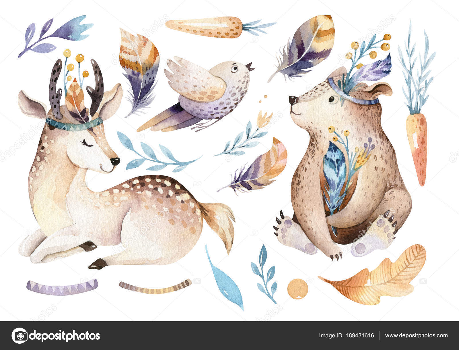 Cute Watercolor Bohemian Forest Animals Kindergarten Stock Photo by