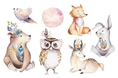 Cute watercolor bohemian forest animals for kindergarten clipart