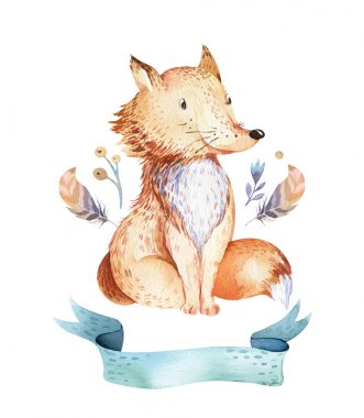 Şirin bohem bebek çizgi film fox hayvan için anaokulu, ormanlık kreş çocuk orman hayvanları deseni için dekorasyon orman illüstrasyon izole. Suluboya elle çizilmiş boho poster seti