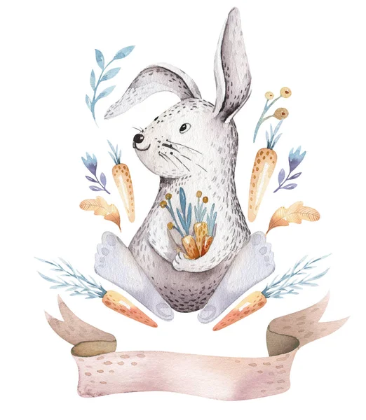 幼稚園のかわいいボヘミアン赤ちゃん漫画ウサギの動物 森林保育園分離子供のためウサギの森イラスト — ストック写真