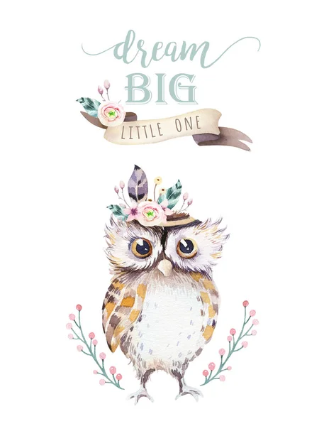 Cute bohemian baby owl animal for kindergarten, woodland nursery isolated decoration forest owls illustration for children forest animal pattern. Watercolor hand drawn boho set