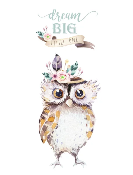 Cute bohemian baby owl animal for kindergarten, woodland nursery isolated decoration forest owls illustration for children forest animal pattern. Watercolor hand drawn boho set