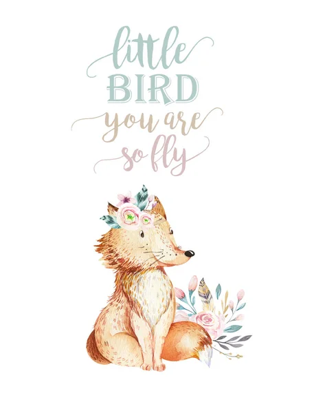 Cute bohemian baby cartoon fox animal for kindergarten, woodland nursery isolated decoration forest illustration for children forest animals pattern. Watercolor hand drawn boho poster set