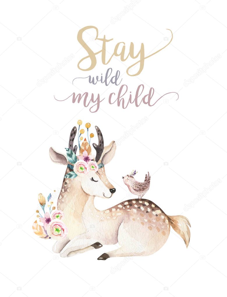 Cute bohemian baby cartoon deer animal for kindergarten, woodland nursery isolated decoration forest illustration for children forest animals pattern. Watercolor hand drawn boho poster set