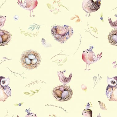 Yuva, kuşlar, şube, ağaç dal ve tüy suluboya bahar rustik desenle. Suluboya sorunsuz çizilmiş kuş arka plan ver. Vintage, boho illüstrasyon