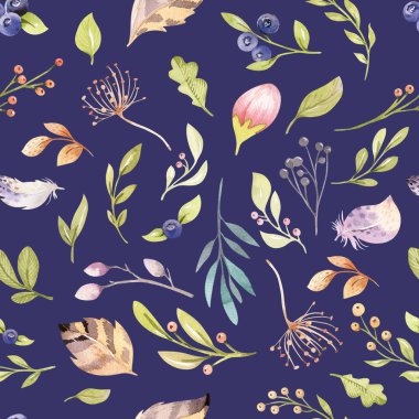 Orman desenle bırakır ve tüyler, boho çiçek arka plan stil