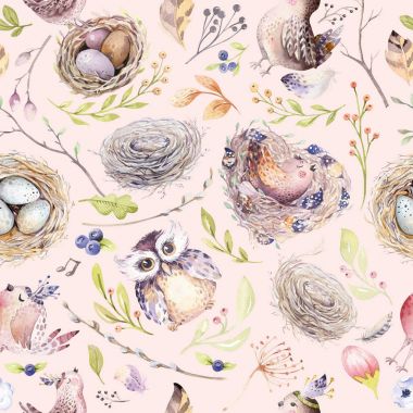 Yuva, kuşlar, şube, ağaç dal ve tüy suluboya bahar rustik desenle. Suluboya sorunsuz çizilmiş kuş arka plan ver. Vintage, boho illüstrasyon