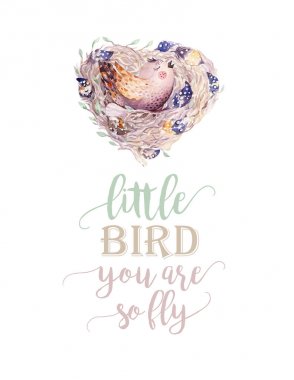 suluboya karikatür kuş yuvada, küçük kuş, yani sinek metin olduğunu