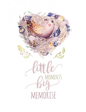 El çizim Paskalya suluboya uçan karikatür kuş ve yumurta yaprak, dal ve tüyleri ile. Suluboya resim illüstrasyon vintage boho tarzı