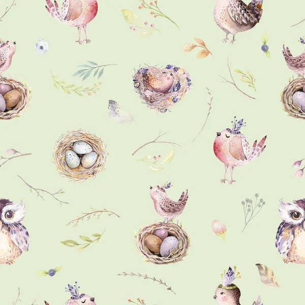 Akvarel na jaře rustikální vzorek s hnízdo, ptáků, větví, větvičky stromu a peří. Akvarel, bezproblémové rukou nakreslené pták pozadí. Ročník, boho ilustrace — Stock fotografie