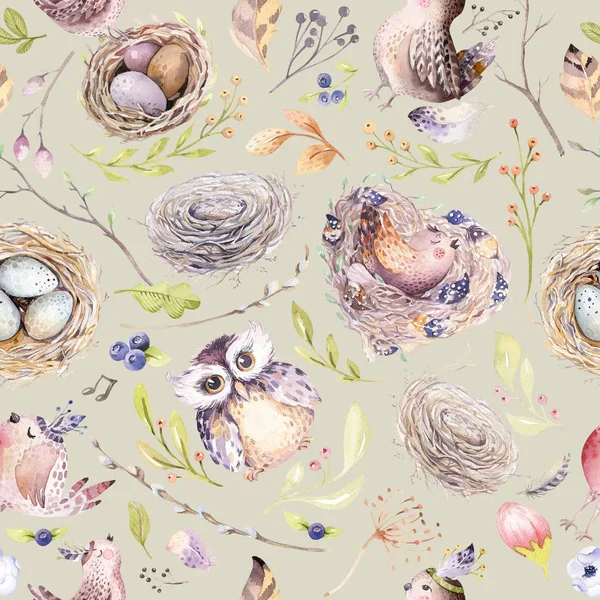 Aquarell Frühling rustikales Muster mit Nest, Vögeln, Zweigen, Zweigen und Federn. Aquarell nahtlos handgezeichneten Vogelhintergrund. Jahrgang, Boho Illustration — Stockfoto