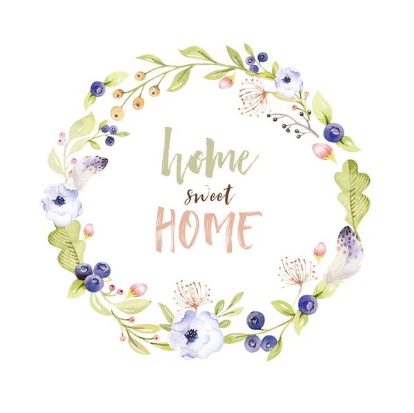 Ghirlanda floreale boho acquerello. Cornice naturale boema: foglie, piume, fiori, isolato su sfondo bianco. Illustrazione di decorazione artistica. Salva la data, il logo, il design del matrimonio — Foto Stock