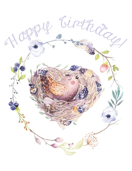 watercolor cartoon bird in nest, Happy birthday text