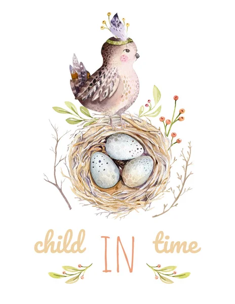 watercolor cartoon bird and nest with eggs, child in time text