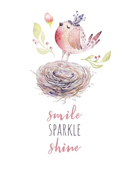 watercolor cartoon bird in nest, Smile, sparkle, shine text