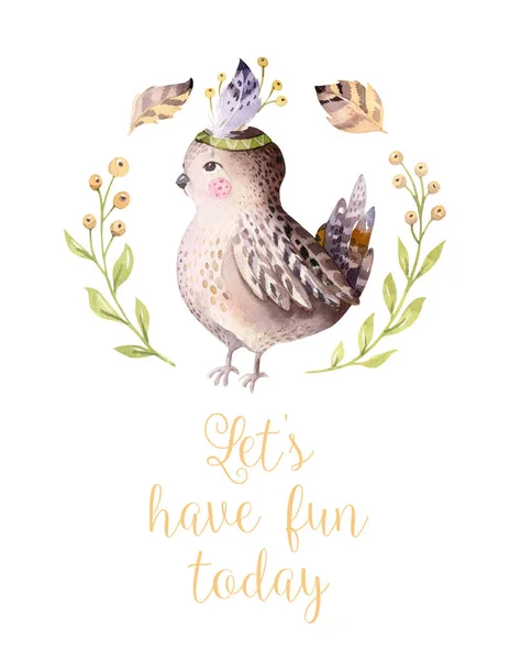 watercolor cartoon bird and floral wreath, let\'s have fun today text