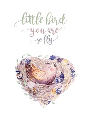 El çizim Paskalya suluboya uçan karikatür kuş ve yumurta yaprak, dal ve tüyleri ile. Suluboya resim illüstrasyon vintage boho tarzı