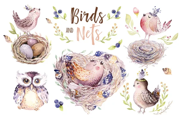 El çizim Paskalya suluboya uçan karikatür kuş ve yumurta yaprak, dal ve tüyleri ile. Suluboya bahar sanat illüstrasyon vintage boho tarzı. Bohem tebrik kartı