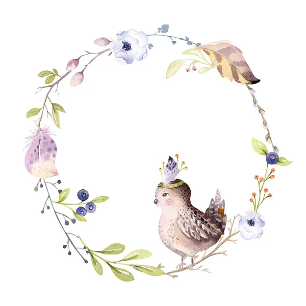 水彩自由奔放に生きる花の花輪。自由奔放なナチュラル フレーム: 葉、羽、花、白い背景で隔離。芸術的な装飾の図。日付、ロゴ、weddign のデザインを保存します。 — ストック写真