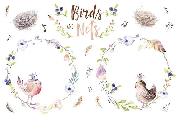 Húsvéti akvarell repülő madár rajzfilm és tojás, levelek, ágak és toll kézzel. Akvarell illusztráció tavaszi vintage boho stílusban. Üdvözlés bohém autók. — Stock Fotó
