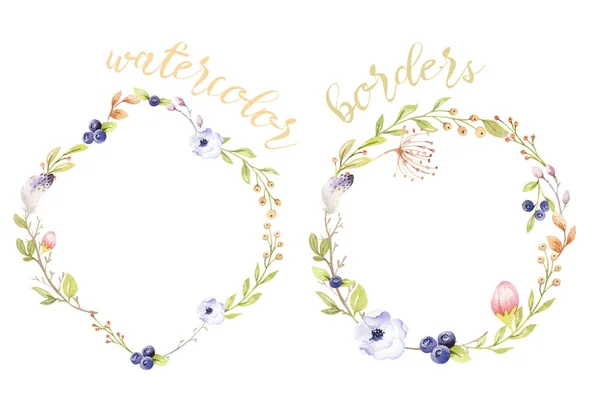 Aquarel boho bloemen krans. Boheemse natuurlijke frame: bladeren, veren, bloemen, geïsoleerd op een witte achtergrond. Artistieke decoratie illustratie. Opslaan van de datum, het logo, de weddign ontwerp — Stockfoto