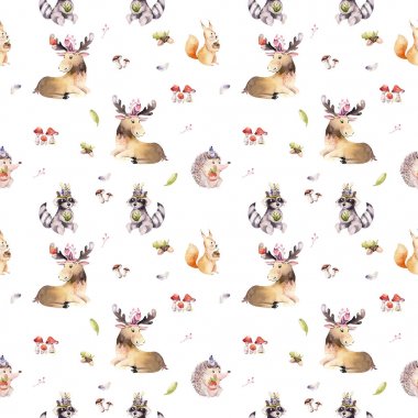 Orman hayvanları, boho illüstrasyon, elks, kuşlar, kirpi, Rakun ve Sincaplar suluboya örüntüsünde sevimli çizgi 
