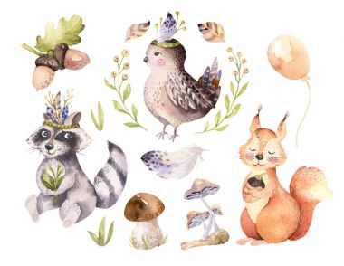 Şirin suluboya bohem bebek Karikatür hayvan izole orman nursary, orman gösterim amacıyla çocuk için kirpi, sincap ve geyik. Bunnies hayvanlar.